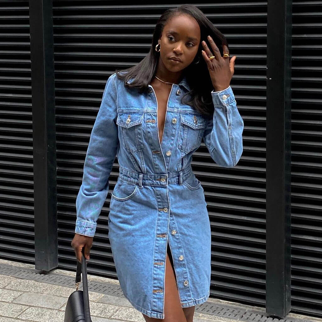 Point Collar Button Front Chest Pocket Denim Mini Dress