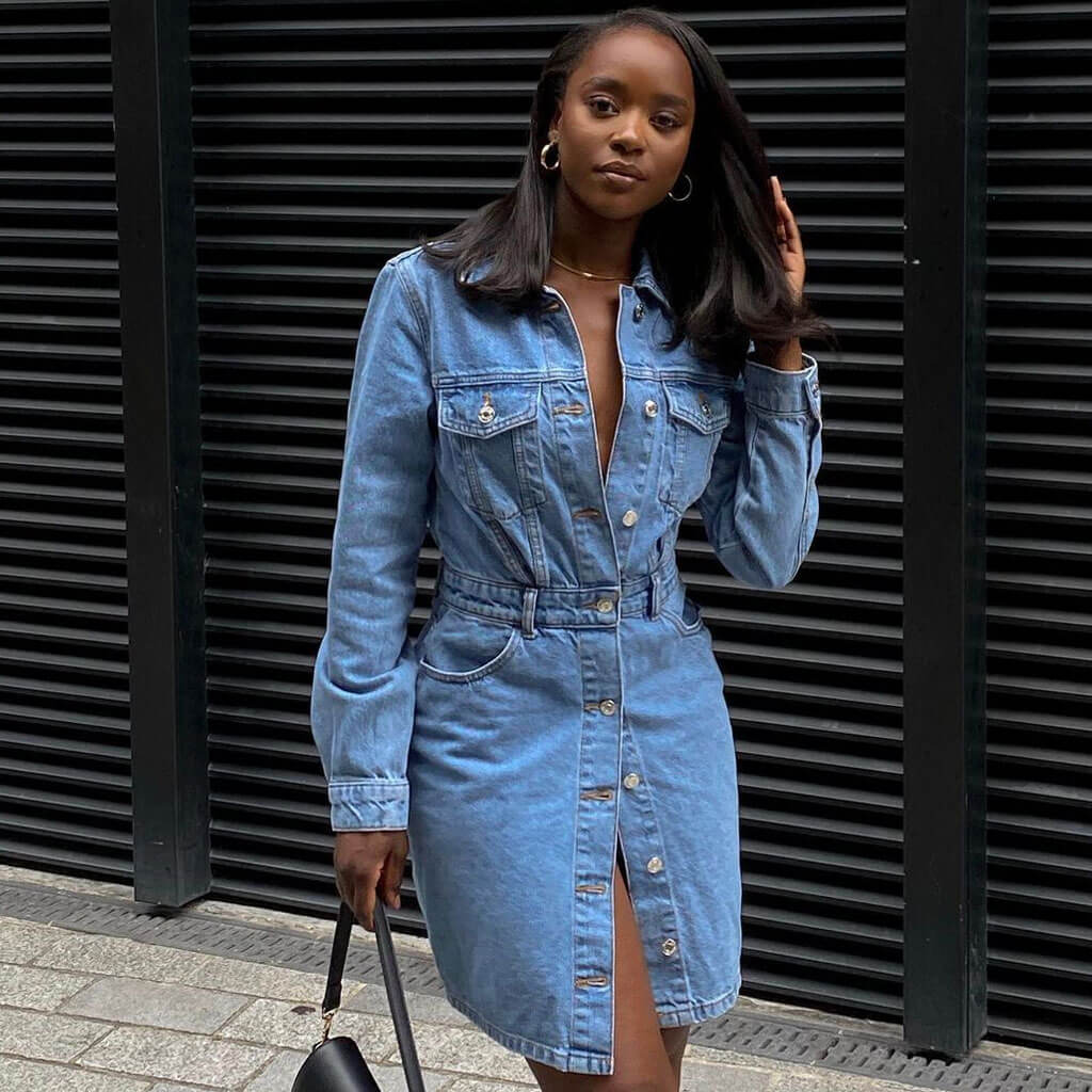 Point Collar Button Front Chest Pocket Denim Mini Dress