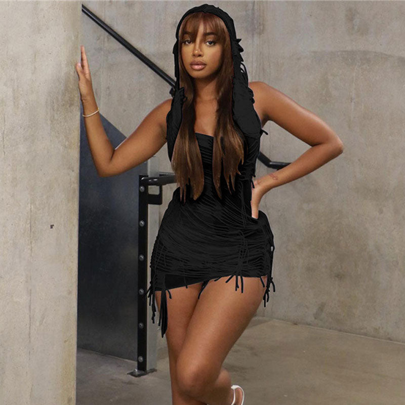 Sleeveless Hooded Distressed Shredded Fringe Low Back Mini Dress