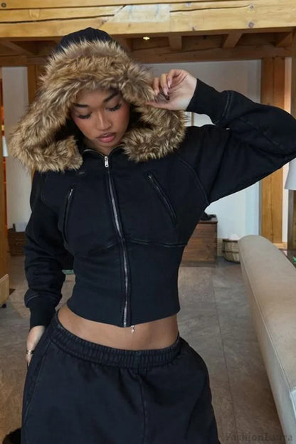 Street Style Fur Trim Sweatshirt Jacket