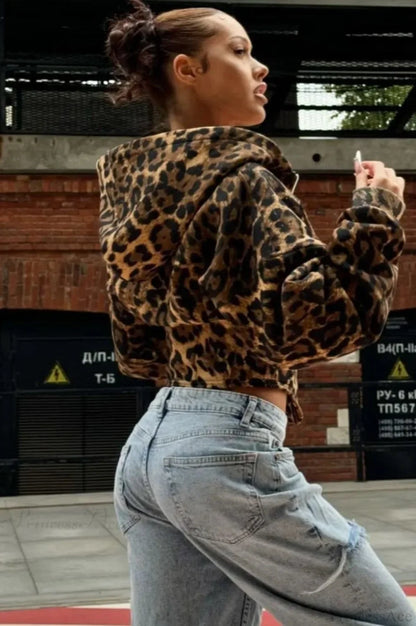 Street Style Leopard Print Hoodie Coat