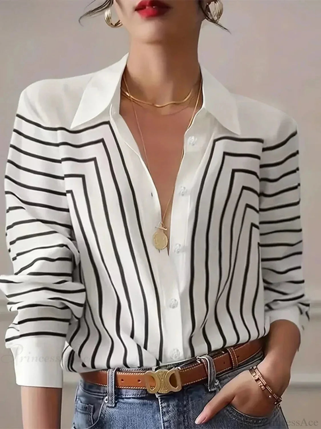 Stripe Printed O-neck Blouse Office Wear Blouse