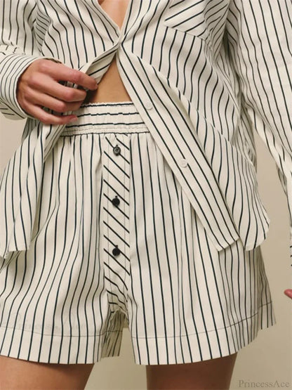 Striped Button Wide Leg Short