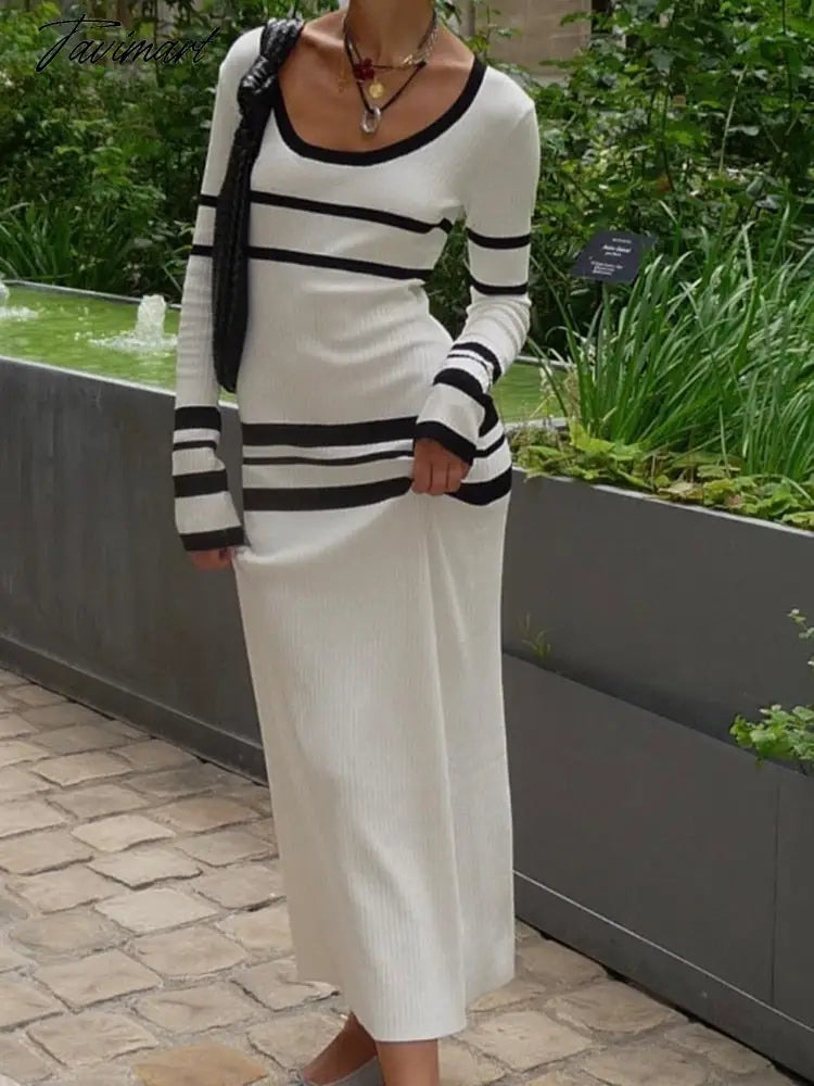 Striped Long Dresses Women Elegant Chic Bodycon White Knitted Dress Female Autumn Winter Causal Long Sleeve Warm Sweater Dress