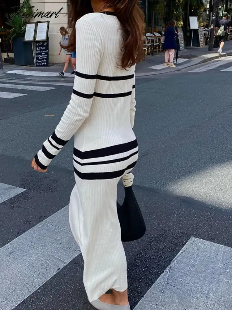 Striped Long Dresses Women Elegant Chic Bodycon White Knitted Dress Female Autumn Winter Causal Long Sleeve Warm Sweater Dress
