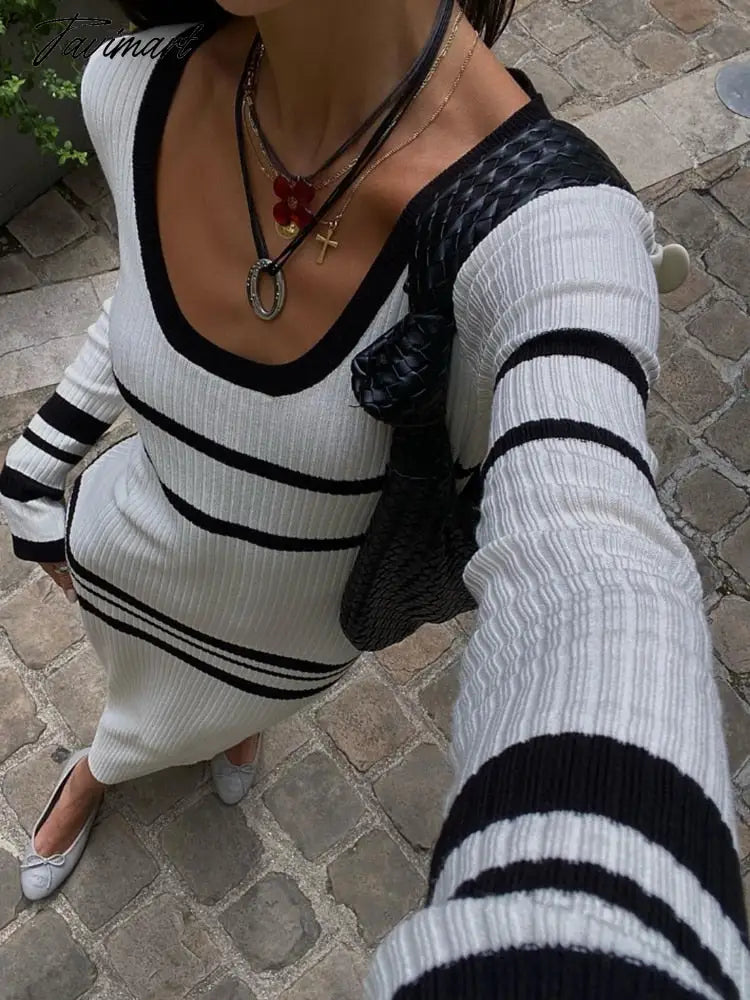 Striped Long Dresses Women Elegant Chic Bodycon White Knitted Dress Female Autumn Winter Causal Long Sleeve Warm Sweater Dress