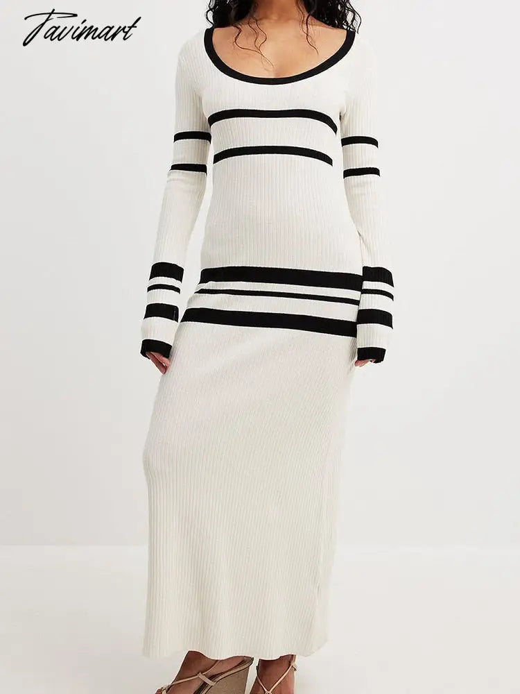 Striped Long Dresses Women Elegant Chic Bodycon White Knitted Dress Female Autumn Winter Causal Long Sleeve Warm Sweater Dress