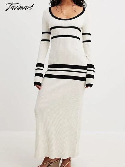Striped Long Dresses Women Elegant Chic Bodycon White Knitted Dress Female Autumn Winter Causal Long Sleeve Warm Sweater Dress
