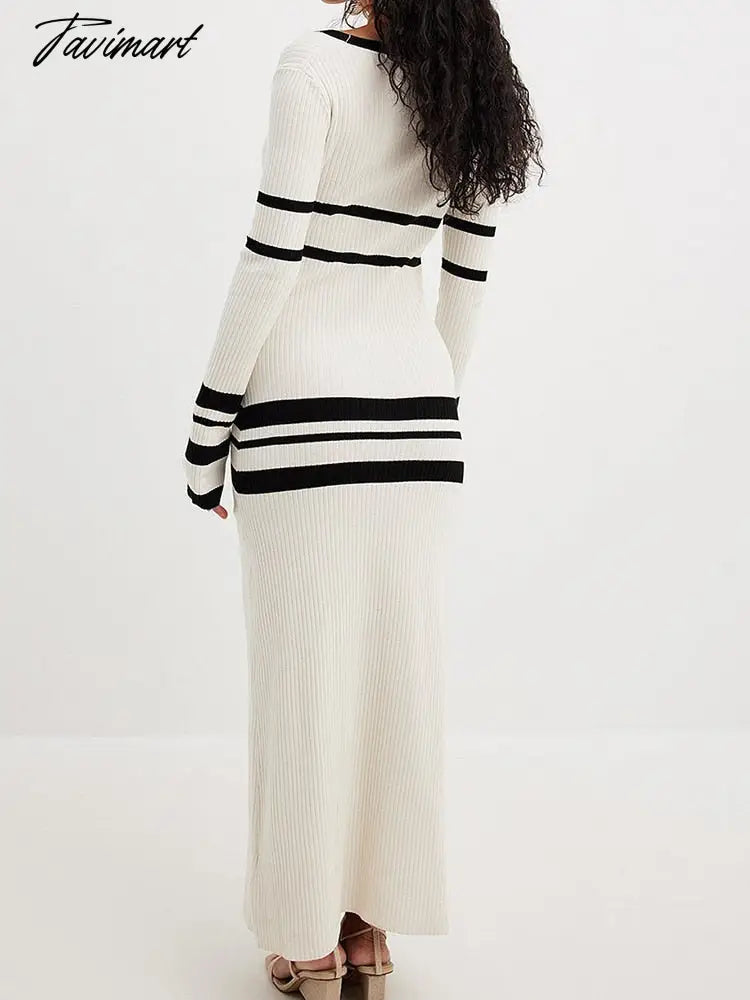 Striped Long Dresses Women Elegant Chic Bodycon White Knitted Dress Female Autumn Winter Causal Long Sleeve Warm Sweater Dress