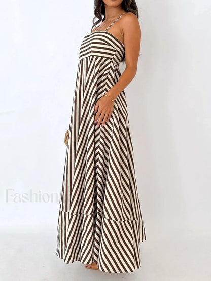 Light Brown Striped Pleated Cami Long Dress