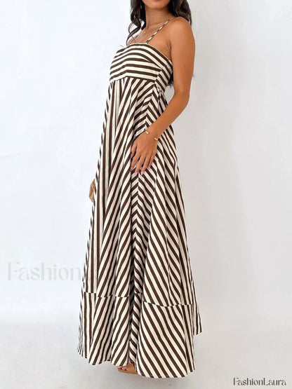Light Brown Striped Pleated Cami Long Dress
