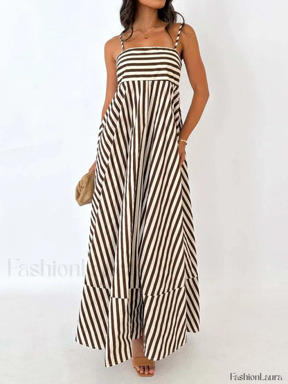 Light Brown Striped Pleated Cami Long Dress