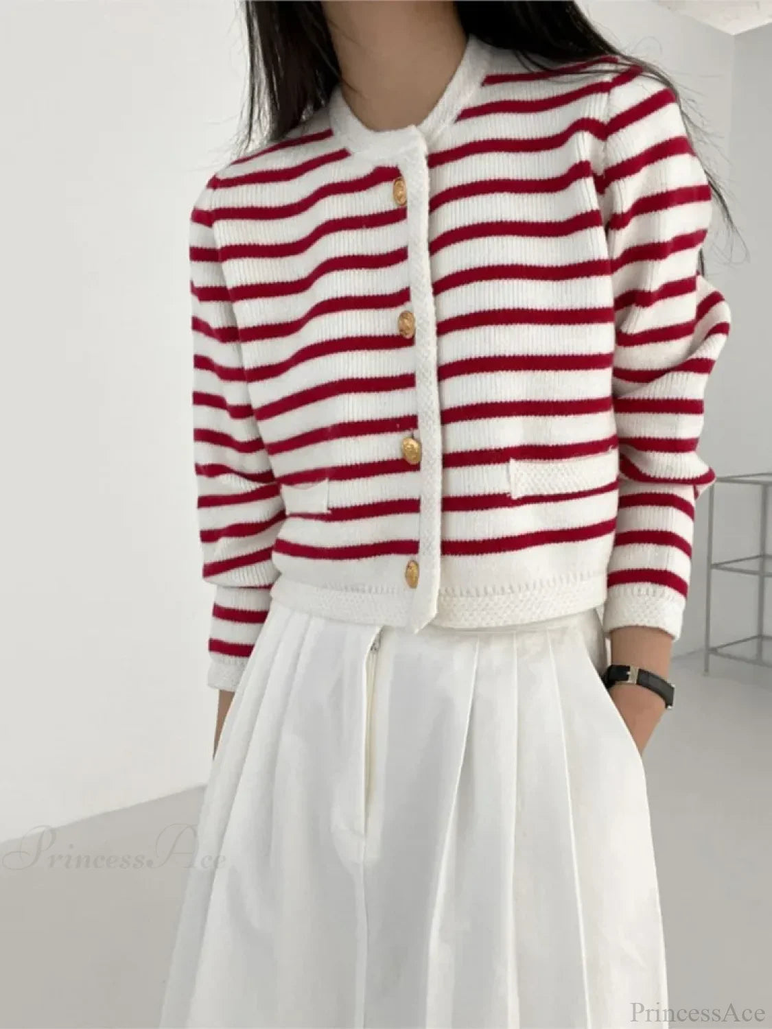 Striped Print Cropped Loose Knit Knit Cardigan