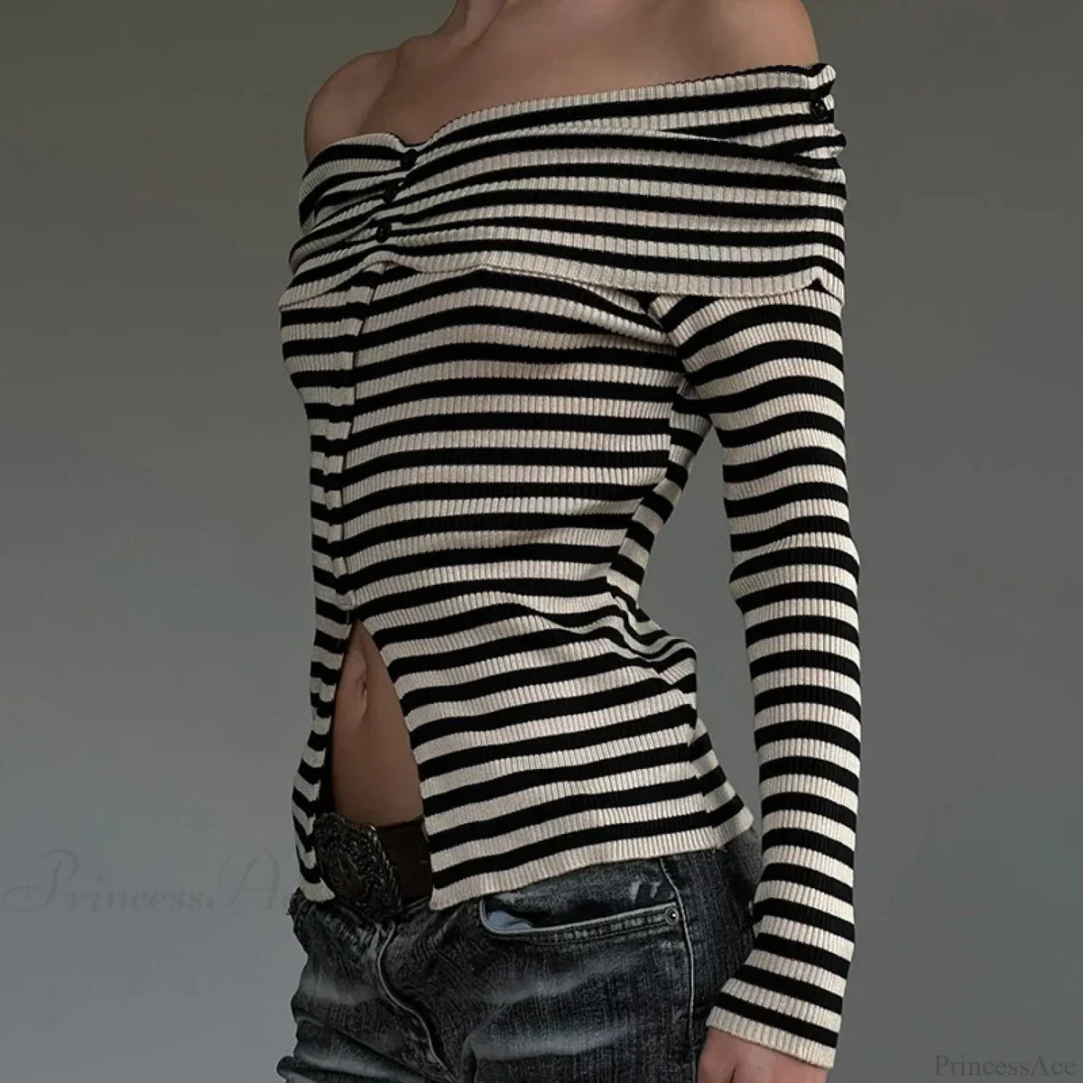 Striped Slash Neck Knit Top