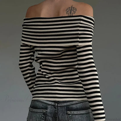 Striped Slash Neck Knit Top
