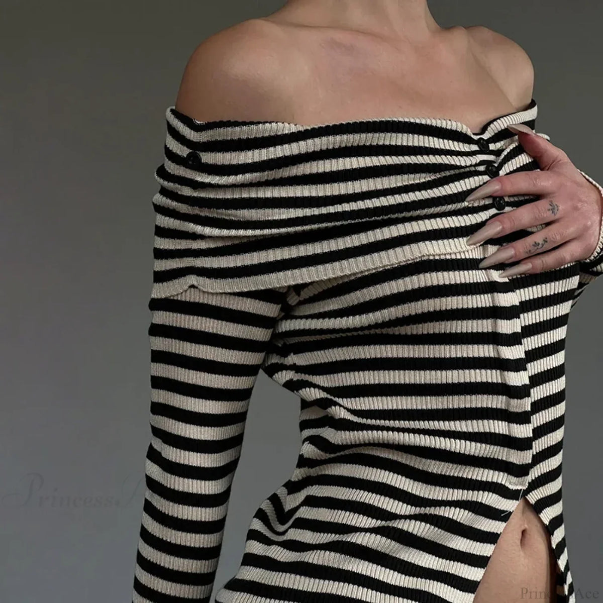 Striped Slash Neck Knit Top