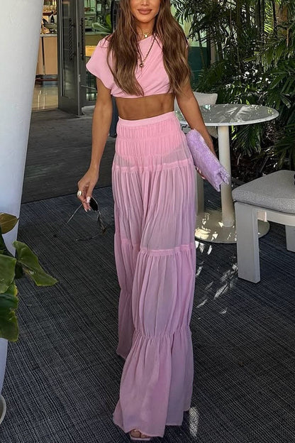 Stunning Chiffon Ruched Shoulder Short Sleeve Crop Top