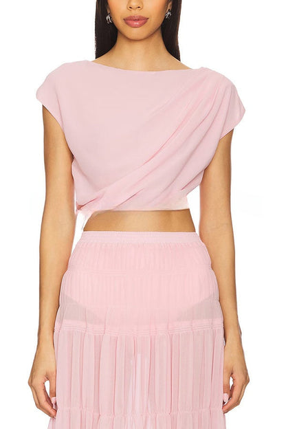 Stunning Chiffon Ruched Shoulder Short Sleeve Crop Top