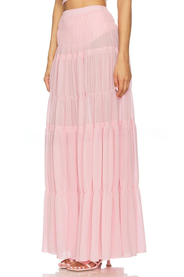 Stunning Chiffon Elastic Waist Layered A-line Maxi Skirt