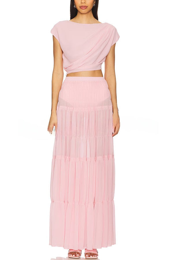 Stunning Chiffon Ruched Shoulder Short Sleeve Crop Top