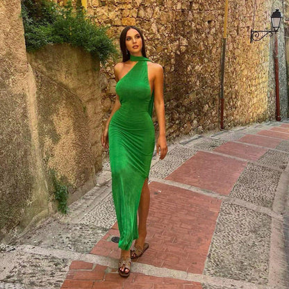 Asymmetric Halter Choker Neck Sleeveless High Slit Bodycon Maxi Dress