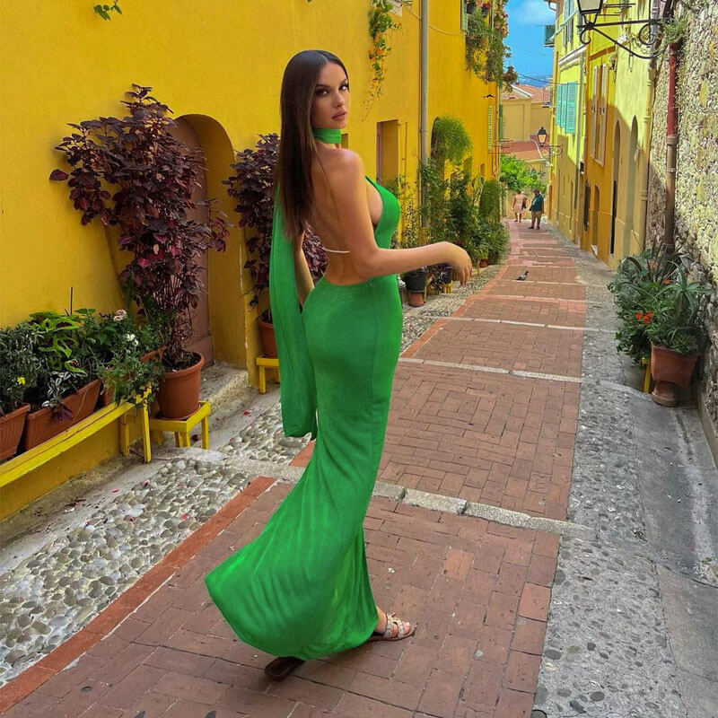 Asymmetric Halter Choker Neck Sleeveless High Slit Bodycon Maxi Dress