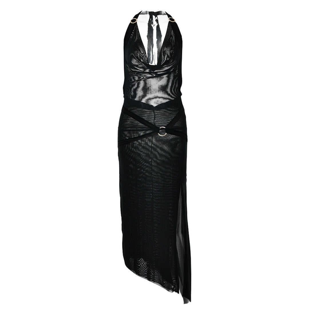 Halter Cowl Neck O Ring Shoulder Waist Belt High Slit Midi Dress