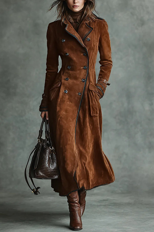 Stylish Suede Lapel Button Casual Pocket Long Trench Coat