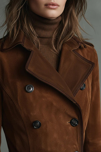Stylish Suede Lapel Button Casual Pocket Long Trench Coat