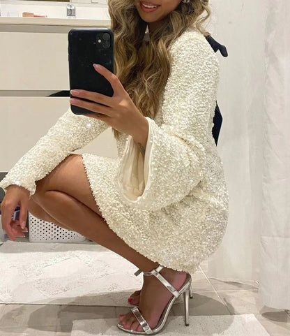Sequin Long Sleeve Open Back Oversized Bow Mini Dress