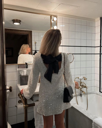 Sequin Long Sleeve Open Back Oversized Bow Mini Dress