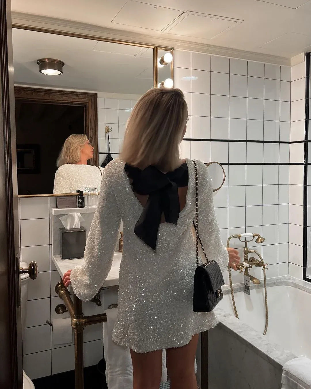 Long Sleeve Sequin Bell Cuff Shift Mini Dress with Bow Back