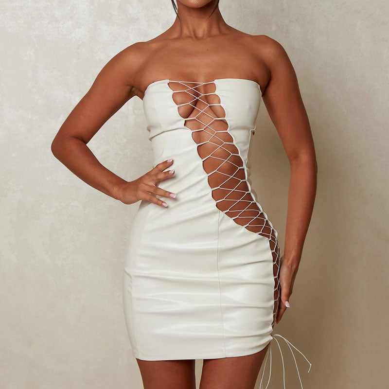 Strapless Diagonal Lace Up Cutout Faux Leather Bodycon Mini Dress