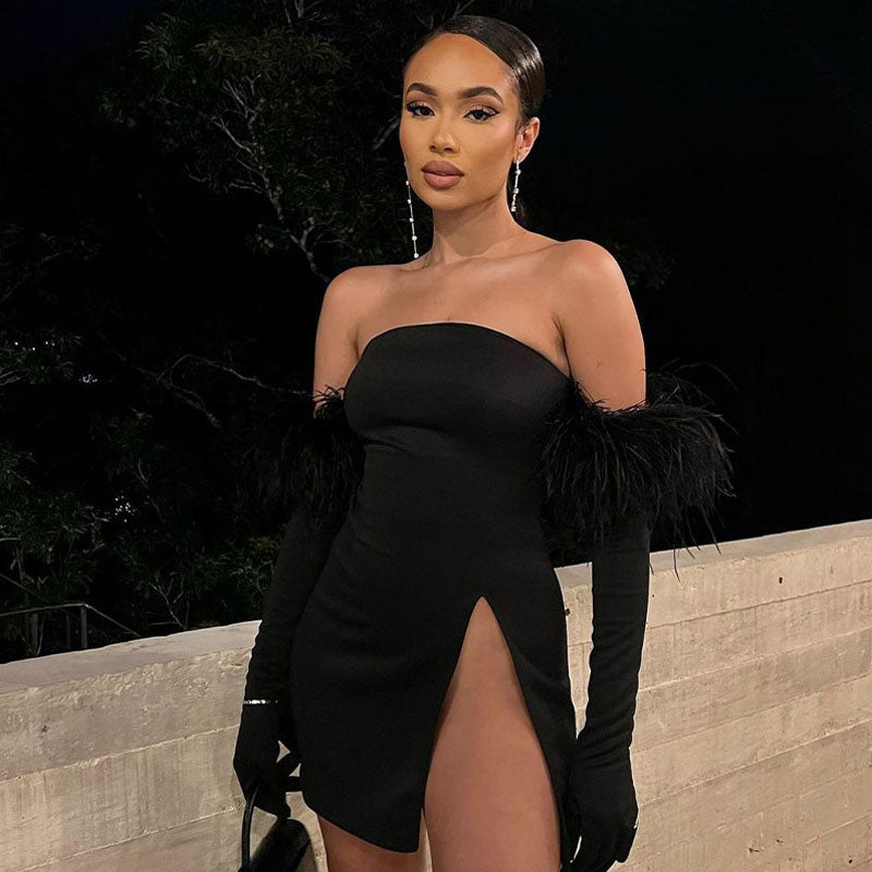 Strapless High Slit Feather Trim Opera Glove Set