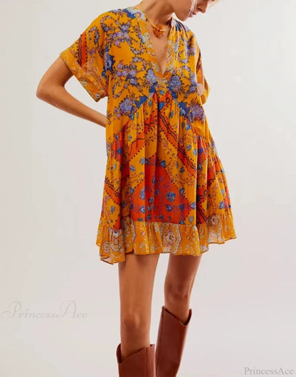 Summer Bohemian Babydoll Floral Print V-Neck Dress