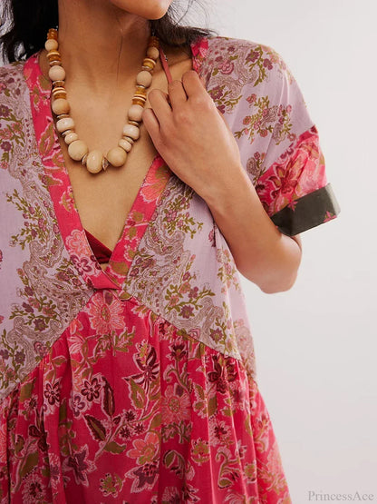 Summer Bohemian Babydoll Floral Print V-Neck Dress