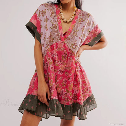 Summer Bohemian Babydoll Floral Print V-Neck Dress