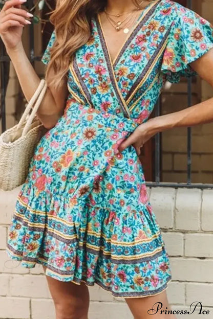 Summer Boho Floral Print Mini Wrap Beach Boho Dress