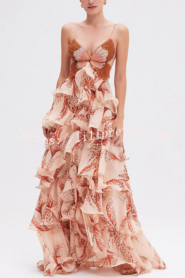 Ariae Butterfly Print Multi-layered Ruffles Backless Tie-up Maxi Dress