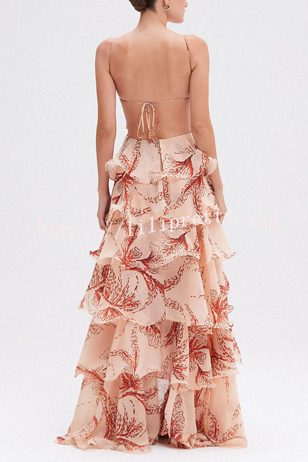 Ariae Butterfly Print Multi-layered Ruffles Backless Tie-up Maxi Dress