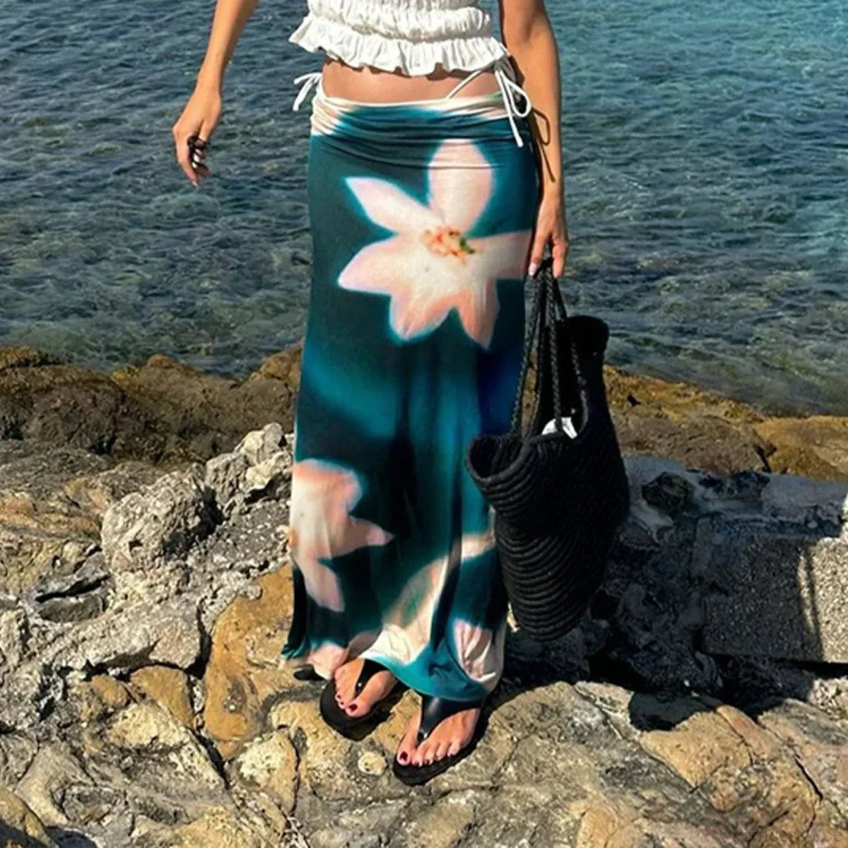 Summer Fashion Blue Print High Waist Maxi Skirt Club Skirt