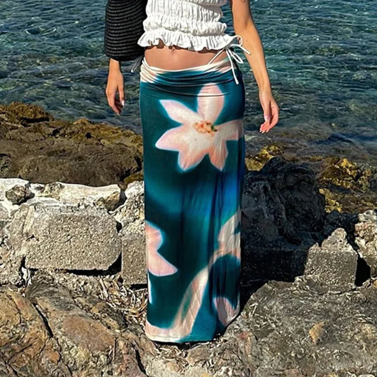 Summer Fashion Blue Print High Waist Maxi Skirt Club Skirt