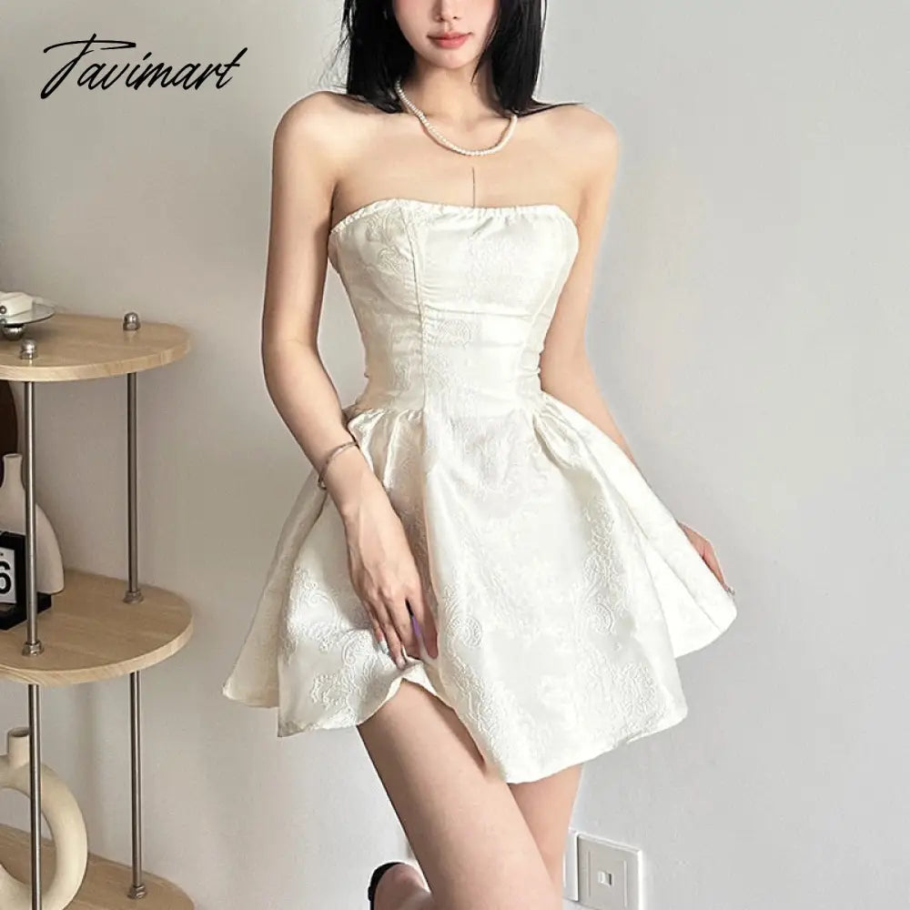 Summer Harajuku Strapless Dress Solid Casual A-Line High Dress Waist Loose Printing Slash Neck Short Mini Dresses Woman