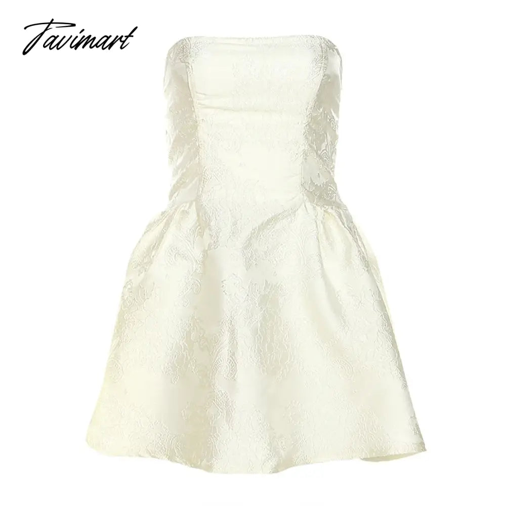 Summer Harajuku Strapless Dress Solid Casual A-Line High Dress Waist Loose Printing Slash Neck Short Mini Dresses Woman