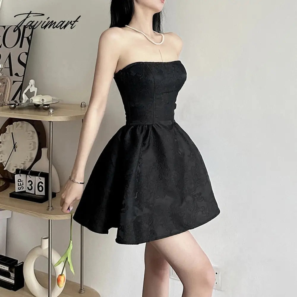 Summer Harajuku Strapless Dress Solid Casual A-Line High Dress Waist Loose Printing Slash Neck Short Mini Dresses Woman