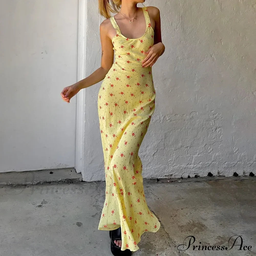 Summer Sleeveless Beach Fashion Floral Print Backless Slim Elegant Club Strap Party Bodycon Dress