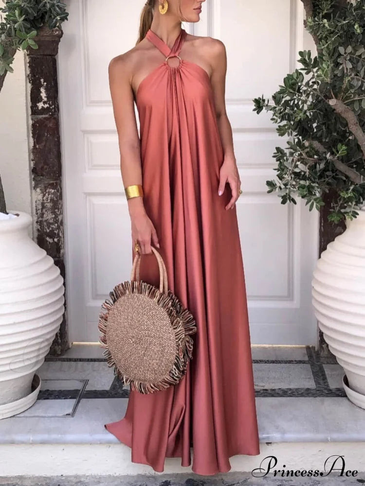 Summer Temperament Satin Charming Halter Swing Gown Dresses