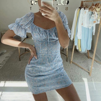 Sweetheart Tie Front Puff Sleeve Ditsy Floral Mini Dress