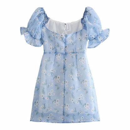 Sweetheart Tie Front Puff Sleeve Ditsy Floral Mini Dress
