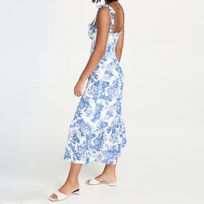 Sweetheart Tie Strap Ruffle Trim Floral Print Midi Dress